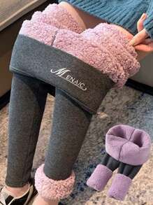 1 Stück 400g dicke Wolkenfleece Leggings für Damen, hoher Bund, Thermo, modische Stickerei