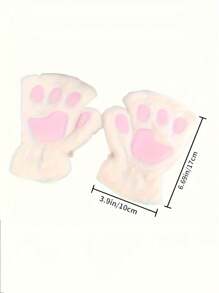 1 Pair Women's Beige Furry Cat Paw Fingerless Gloves, Animal Style Gloves Warm & Fashionable For Autumn/Winter - Beige - View 3