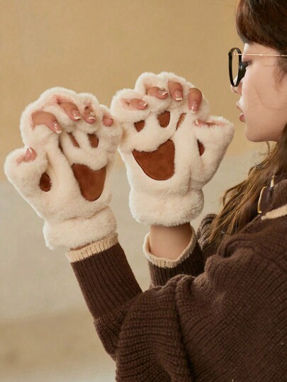 1 Pair Women's Beige Furry Cat Paw Fingerless Gloves, Animal Style Gloves Warm & Fashionable For Autumn/Winter