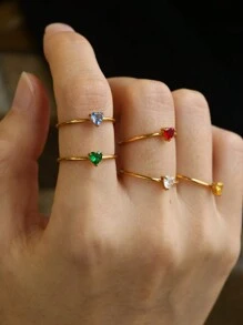 1枚精致心形诞生石戒指，女士不锈钢可调节开口戒指，时尚首饰，生日礼物，情人节礼物，送给妈妈的礼物，母亲节礼物