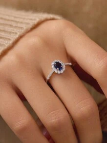 1pc Sterling S925 Silver Luxury Elegant Fashion Charming Sparking Geometric Oval Dark Blue Zirconia Finger Ring For Women Couple Party Wedding Engagement Statement Jewelry Gift Valentines