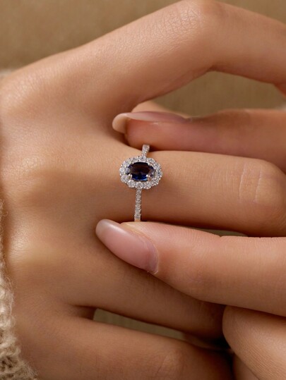 1pc Sterling S925 Silver Luxury Elegant Fashion Charming Sparking Geometric Oval Dark Blue Zirconia Finger Ring For Women Couple Party Wedding Engagement Statement Jewelry Gift Valentines