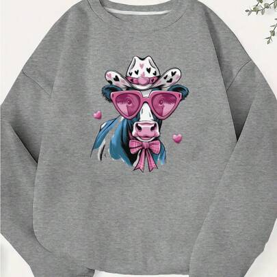 Hearts A Happy Cow Illustration 250g 2pcs Women's Sweatshirt
