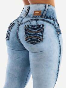 MX JEANS Light Acid Wash Butt Lift Mid Rise Skinny Jeans - Multicolor - View 1