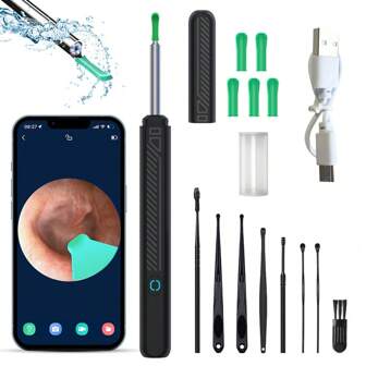 NATFIRE 9件套耳勺套装，可视耳朵清洁套装，带迷你摄像头和6个LED灯，内窥镜耳朵护理套装，耳朵清洁勺，螺旋耳垢清除工具，Type-C可充电耳镜，无线智能耳勺，带便携式收纳盒，适用于商务和旅行，耳垢清除工具，个人护理，生日礼物，适合女孩、女士、男士，适用于、Android手机