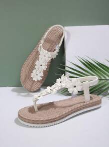 New Flat Heel Flat Women's Sandals, Ditsy Floral Decor T-Strap Slip-On Flat Sandals, European & American Style