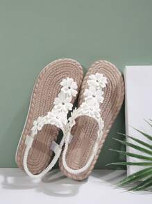 New Flat Heel Flat Women's Sandals, Ditsy Floral Decor T-Strap Slip-On Flat Sandals, European & American Style