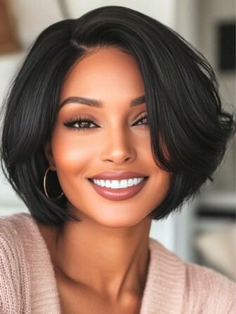 短侧分鲍勃假发直黑发假发碗状剪发角色扮演假发耐热自然合成全头假发女士（自然黑）