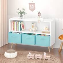 MERAX Kids Bookcase With Collapsible Fabric Drawers, Children's Book Display, Toy Storage Cabinet Organizer - White+Blue - View 1
