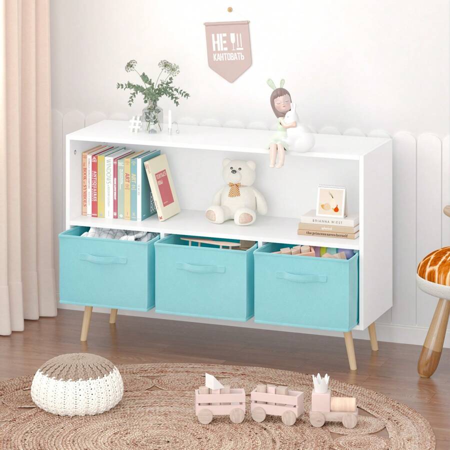 MERAX Kids Bookcase With Collapsible Fabric Drawers, Children's Book Display, Toy Storage Cabinet Organizer - White+Blue - View 1