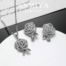 时尚奢华花朵 S925 首饰套装 镀银 - 銀色花套裝 - 查看 3