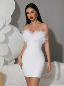 Modphy 无肩带人造羽毛毛边紧身性感迷你绷带连衣裙优雅派对女士节日派对礼服