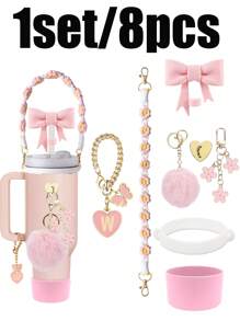 1 pieza / Set de 8 accesorios para tazas, adecuado para tumblers de 30oz y 40oz: Bota de silicona, tapa con sorbete simple de 10mm, colgante con flor para volver al colegio, colgante con lazo y cadena de metal ajustable, fundas reutilizables para sorbete, tapas anti-polvo para sorbete, funda protectora antideslizante para vasos de vidrio con asa, colgante de pompón rosa, cordón para la muñeca con margarita linda, decoración de mariposa rosa linda, regalo para vacaciones, regalo del día de San Valentín.