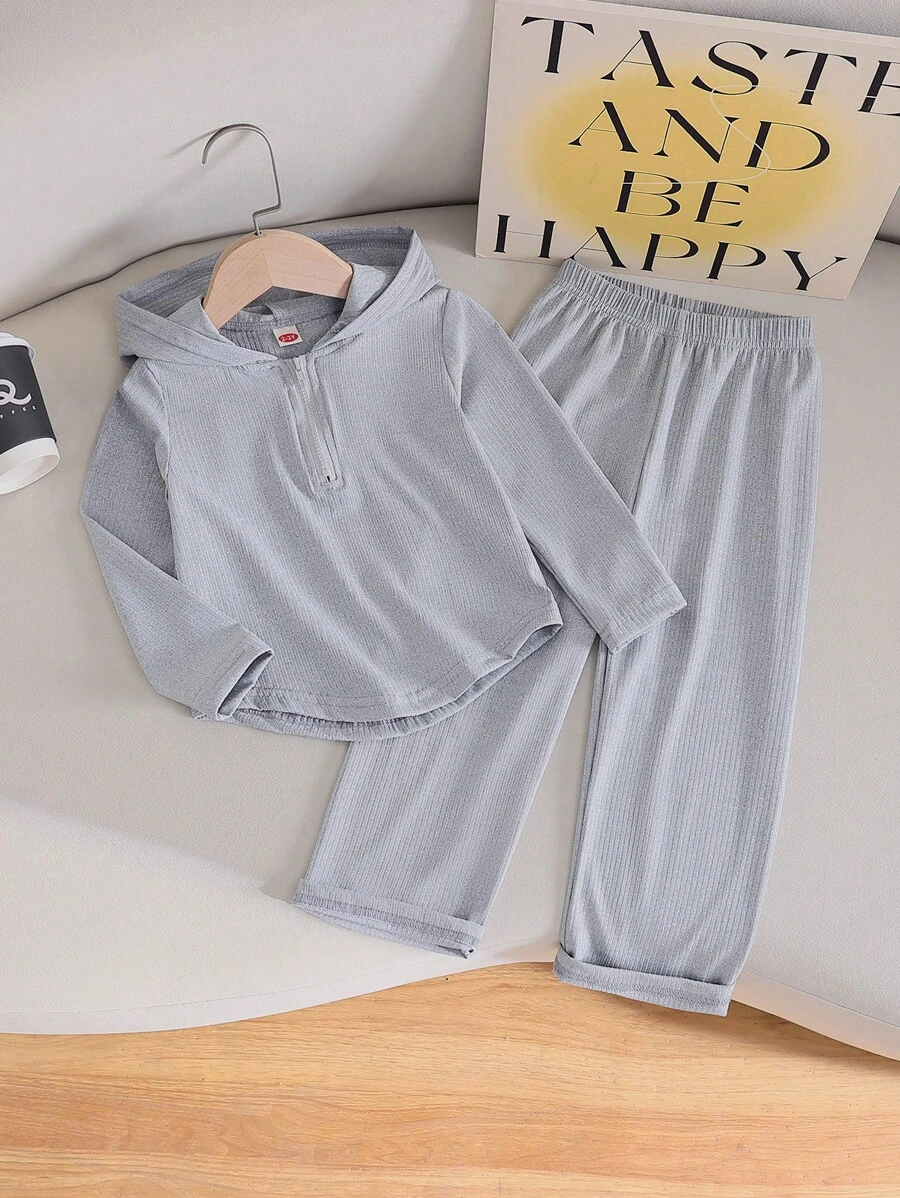 Young Girl Fashion Casual Solid Color Zipper Hoodie + Matching Solid Color Pants 2Pcs Sets - Grey - View 1