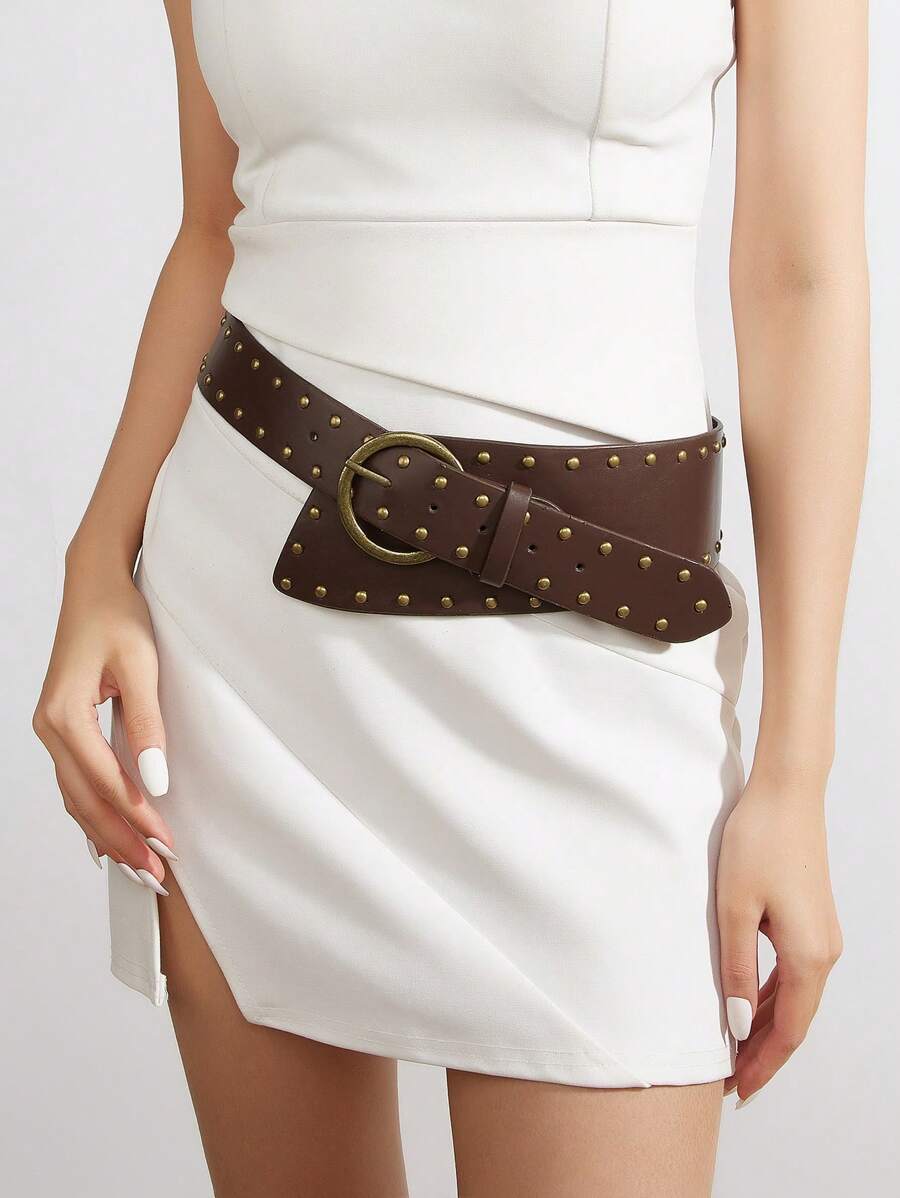 1 件女士复古铆钉印花腰带，百搭街头服饰，夏季、秋季、万圣节 - 咖啡 - 查看 1