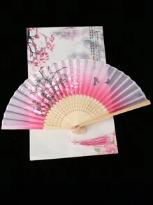 Abanico de seda plegable con decoración de flecos, accesorio tradicional chino clásico portátil para el disfraz, 1 pieza de patrón aleatorio en color rosa, mejor para regalo