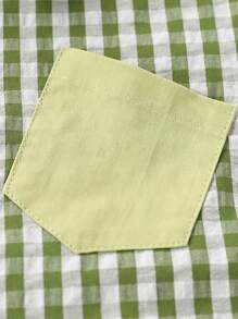 1 件装年轻男孩休闲校园风格撞色拼布口袋背面卡通印花格子长袖衬衫，春/秋 - 綠色 - 查看 7