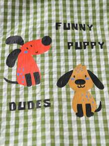 1 件装年轻男孩休闲校园风格撞色拼布口袋背面卡通印花格子长袖衬衫，春/秋 - 綠色 - 查看 8