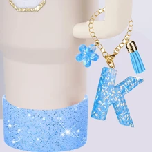 4件套A-Z杯子配件套装（30-40盎司） - 包括：1个吸管盖、1个字母挂饰、1个光面硅胶杯底保护垫、1个杯子字母贴纸（字母挂饰随机发送） - 藍色 - 查看 4