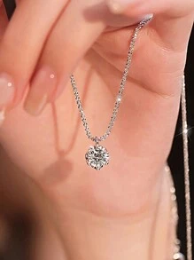 1pc S925 Sterling Silver Round Moissanite Flower Pendant Necklace, Suitable For Women, Exquisite Jewelry, Valentine's Day Gift - Sparkling Necklace - View 4