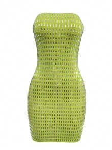 European And American Fashion Backless Rhinestone Solid Color Bandeau Mini Dress - Green - View 3