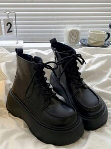 女士系带厚底踝靴，侧拉链，厚底，复古，修身，百搭 - 黑色 - 查看 3