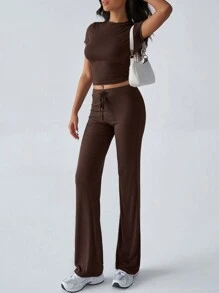 GAOVOT Women's Y2K Style Casual Sports Set - Solid Color Short Sleeve Crew Neck T-Shirt Paired With Slim Straight Leg Pants Summer - Brown - View 5