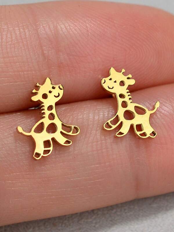 2Pieces Stainless Steel Earrings Women's Black Fashion Cute Animal Studs Earrings Small Cat Dog Deer Snake Earrings Personalized Jewelry