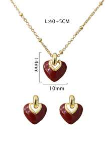 Set de joyas de aleación con corazón esmaltado: 3 piezas que incluye aretes, collar y colgante, versátil, adecuado para el Día de la Madre para usar y regalar