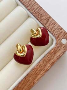 Set de joyas de aleación con corazón esmaltado: 3 piezas que incluye aretes, collar y colgante, versátil, adecuado para el Día de la Madre para usar y regalar