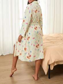 Bata de franela para mujer, con estampado floral, cuello chal, para hotel, spa, fiesta, kimono con cinturón - Amarillo - Ver 9