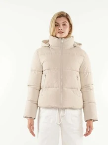 Women Puffer Jacket Hood Winter Water Repellent Wind-Resistant Ladies Classic Quilted Padded Coat Big Pocket - Cream - View 7