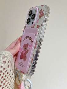 Cute Strawberry Bow Bunny Card Holder Phone Case With Lanyard, Compatible With IPhone 16 Pro Max/IPhone 14, New IPhone 12, 15, 14 Pro, 13 Pro Max, Soft Protective Anti-Fall Phone Cover