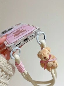 Cute Strawberry Bow Bunny Card Holder Phone Case With Lanyard, Compatible With IPhone 16 Pro Max/IPhone 14, New IPhone 12, 15, 14 Pro, 13 Pro Max, Soft Protective Anti-Fall Phone Cover