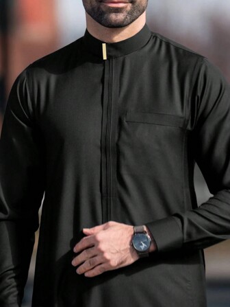 男士简约长款阿拉伯风格立领纽扣长袍，穆斯林传统服装，优质涤纶面料