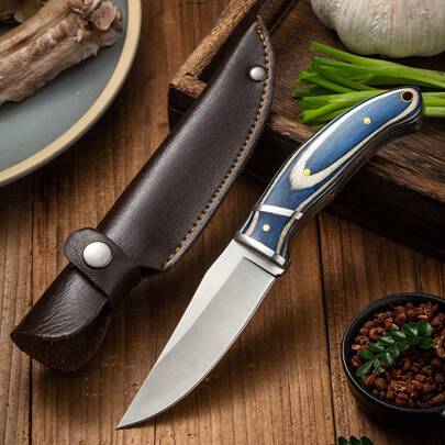 1 pieza Cuchillo de hoja fija con mango de madera rojo/azul para uso en exteriores, cuchillo multiusos para fruta/cocina, cuchillo portátil para camping, regalo ideal para hombres, adecuado para campamento al aire libre, barbacoa y cocina en el hogar