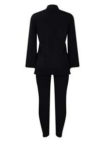 Women's Plus Size Tracksuits Outfits Solid Color V-Neck Long Sleeve Slit Hem Tops With Leggings 2 Pcs Set - Black - View 6