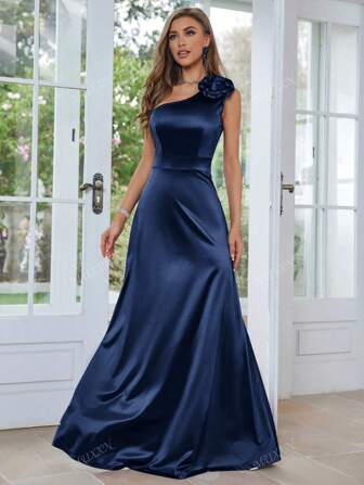 MUXXN Asymmetric Neckline Floral Embellish Satin Women's Formal Evening Gown (Elaborately Decorated), Party Dress, Wedding Guest Dress, Prom Dress