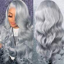 Silvery Gray Lace Front Wig For Women - 28" Long Wavy Synthetic Hair Wigs, Loose Wavy & Curly Synthetic Lace Front Wig With Heat Resistance, Soft Body Wave Texture - Màu xám bạc - Xem 2