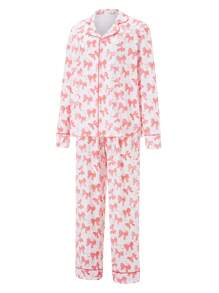 Women's 2 Piece Pajama Set Long Sleeve Lapel Button Up Shirt Tops Bow Print Pants Sleepwear Sets - White - View 4