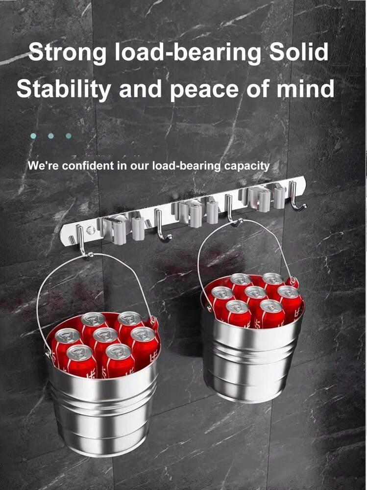 1pc Stainless Steel Mop & Broom Holder - Wall Mounted Broom Storage Rack With Self-Adhesive Hooks, Suitable For Home, Kitchen, Garden, Laundry Room And Garage, Easy Installation And Space-Saving Design - Silver - View 8