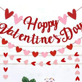 浪漫情人节快乐旗套装带绳彩色闪粉纸字母红粉色心形横幅卧室客厅户外情人节派对约会表白装饰拍照道具礼物家居用品