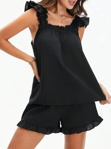 Women Summer 2 Pieces Pajama Outfit Set Y2K Ruffle Sleeveless Crop Tank Tops And Ruffled Mini Shorts Sets Cute Pjs Sleepwear Loungewear - 黑色 - 查看 3