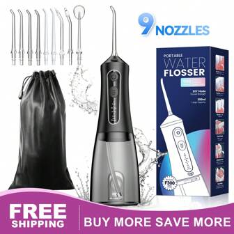 JTF hilo dental de agua, 4 modos y 9 boquillas multifunción, hilo dental recargable portátil, IPX7 impermeable, potente hilo dental recargable, hilo dental eléctrico para viajar