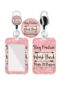 Retractable Badge Holder With Inspirational Quotes ID Name Tag Worker Badge Carabiner Clip Pink Retractable Badge Reel With Detachable Lanyard - Motivational Quotes ID & Key Holder Vertical Card Protector For Main Office Doctor Nurse Teacher Women Students & Professionals For Women Wallet Keychain Card Wallet