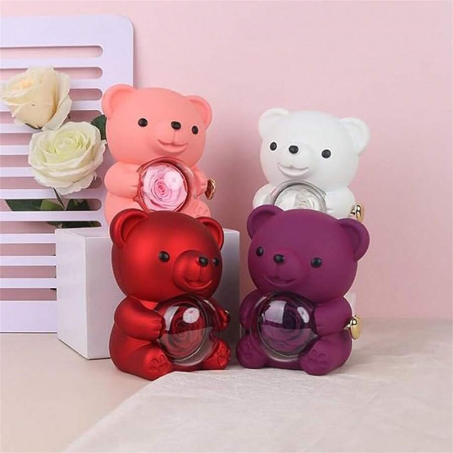 Preserved Rose Hug Bear Flower Rotating Jewelry Holder Romantic Preserved Eternal Flower Elegant Keepsake Box For Woman Christmas Valentines Day Birthday(15.5*12*13cm) Gifts For Women Back To School