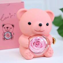 Preserved Rose Hug Bear Flower Rotating Jewelry Holder Romantic Preserved Eternal Flower Elegant Keepsake Box For Woman Christmas Valentines Day Birthday(15.5*12*13cm) Gifts For Women Back To School