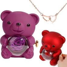 Preserved Rose Hug Bear Flower Rotating Jewelry Holder Romantic Preserved Eternal Flower Elegant Keepsake Box For Woman Christmas Valentines Day Birthday(15.5*12*13cm) Gifts For Women Back To School