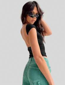 Women's Suplex Backless Cropped Basic Blouse - 黑色 - 查看 3