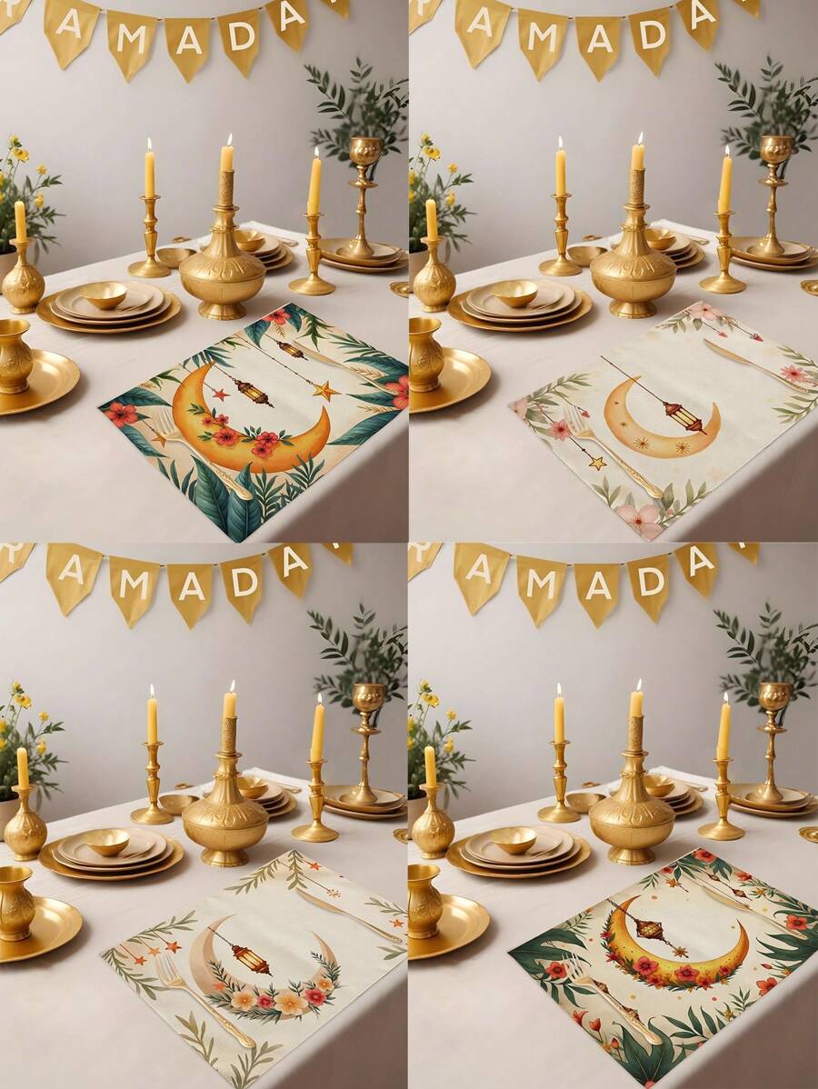 1 件/4 件/6 件春季斋月装饰餐垫，亚麻花月星灯笼斋月烛台可洗餐垫，适用于家庭、餐厅、餐桌装饰、家居装饰 - 彩色 - 查看 1